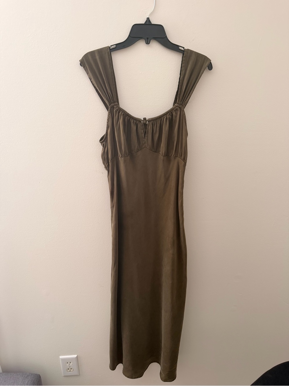 Madewell Olive Green Midi Slip Dress with Gathered Straps